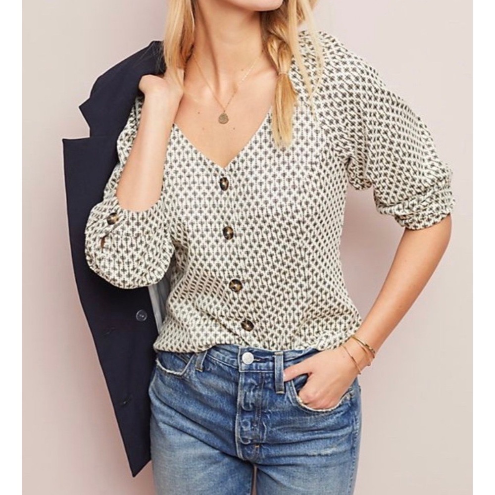 Anthropologie Ett:twa Coralie Top XS Cream Gold Metallic Button Puff Sleeve - Picture 14 of 14
